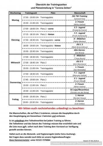 aktueller Trainingsplan - Stand: 07.06.20